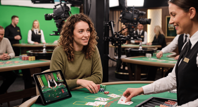 A lady playing a baccarat live casino game at a live casino studio