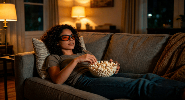 A woman lies on a sofa holding a bowl of popcorn and watching television, wearing a pair of Night Ease™ Wrap Around Orange Sleep Glasses