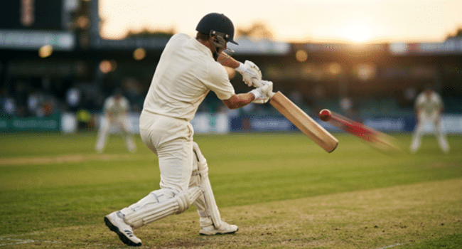 Batsman playing a shot in a T20 match at sunset