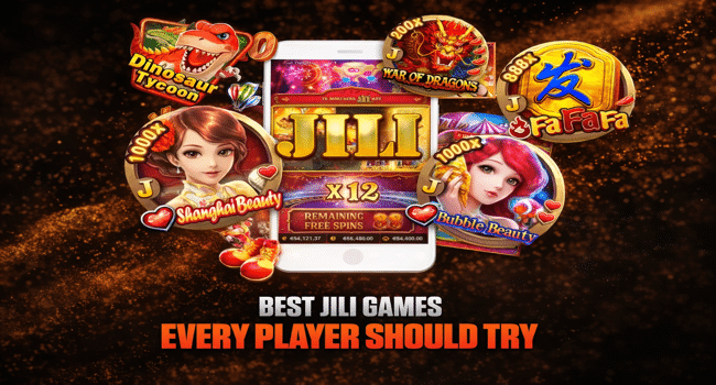 Best JILI slot games including Dinosaur Tycoon, War of Dragons, Fa Fa Fa, Shanghai Beauty, and Bubble Beauty.