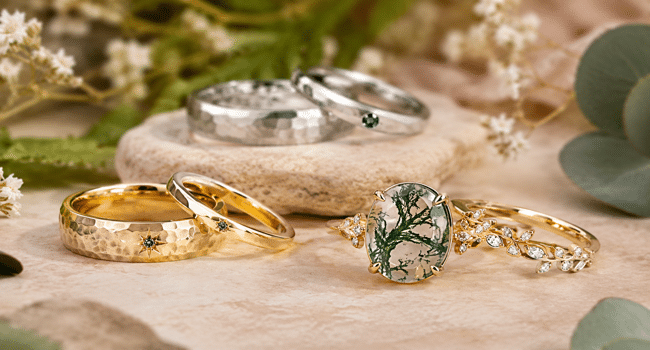 Couples Rings and Moss Agate Engagement Rings