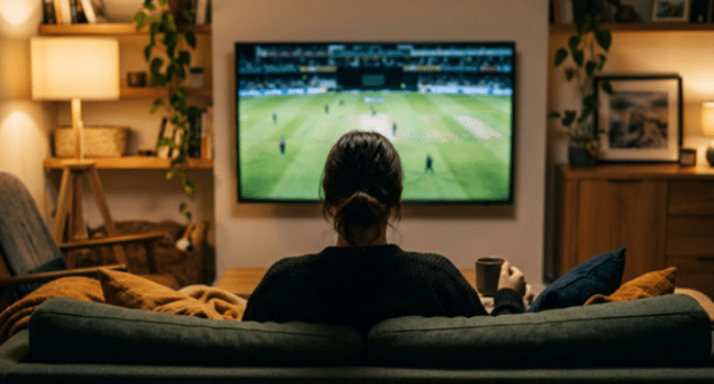 Fan watching a cricket match on a living room TV in the evening