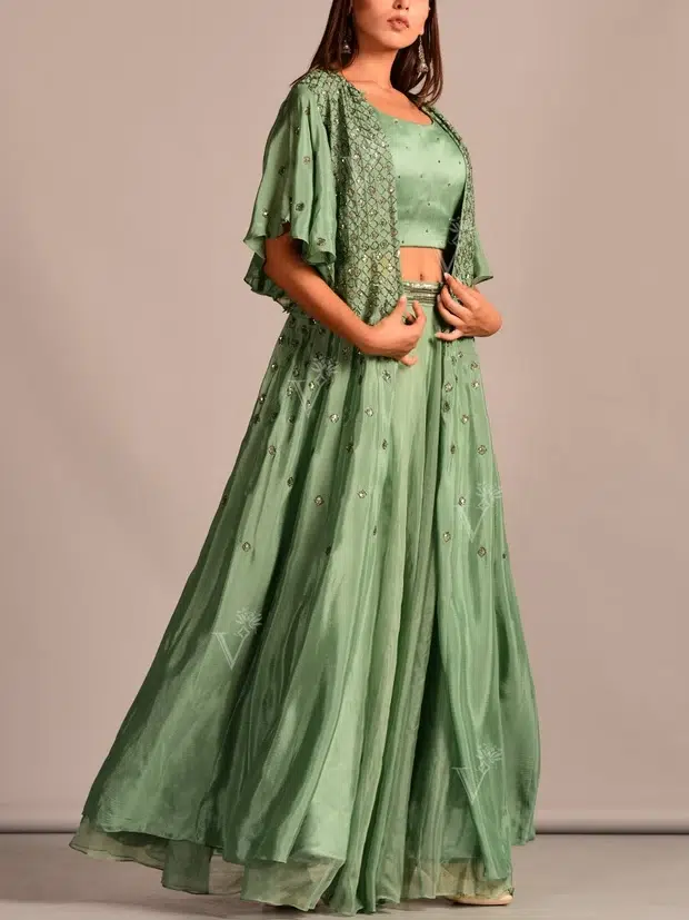 Green Organza Lehenga with Long Jacket