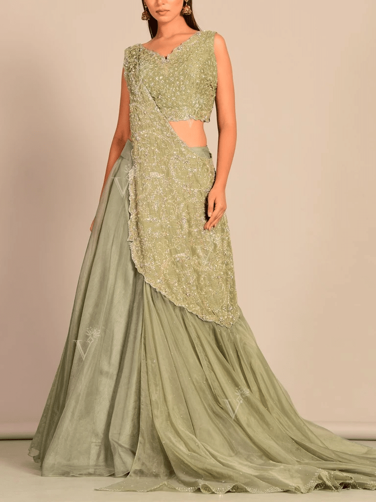 Lusty Green Cut Dana Drape Lehenga Set