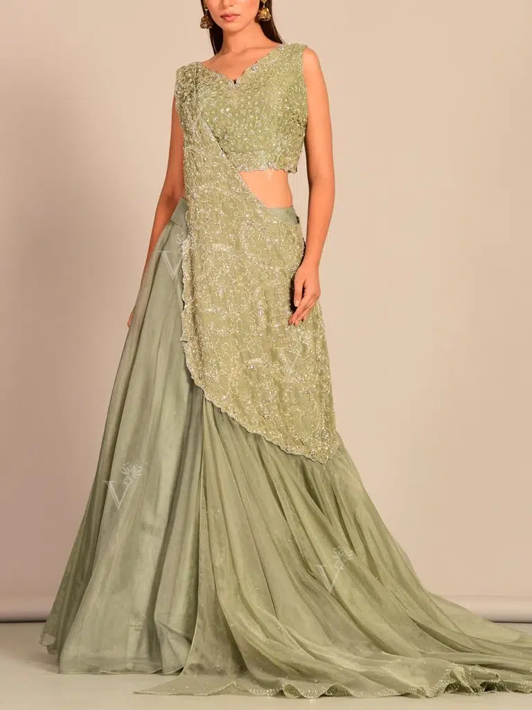 Lusty Green Cut Dana Drape Lehenga Set