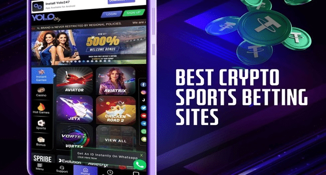 Mobile screen showing crypto betting games and Tether coins with “Best Crypto Sports Betting Sites” text on the side