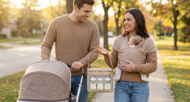 Parents and baby outdoors with breast milk bottles ready for feeding on the go