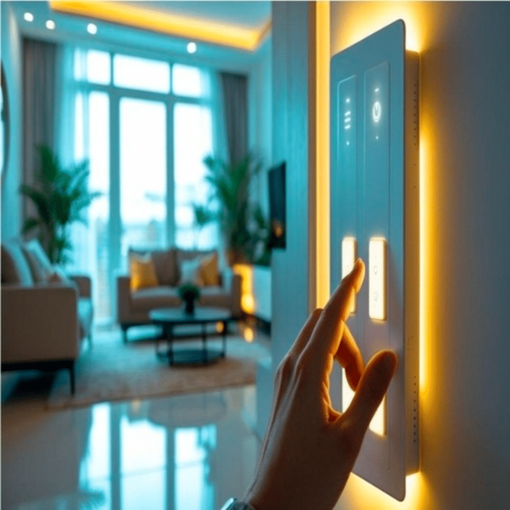 Person using a smartphone to control home lighting through a smart light switch app