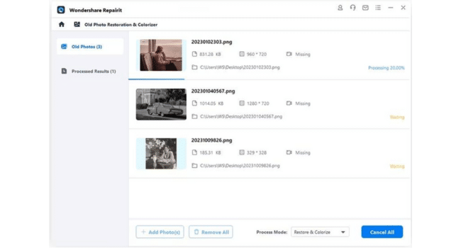 Processing progress is displayed in real-time