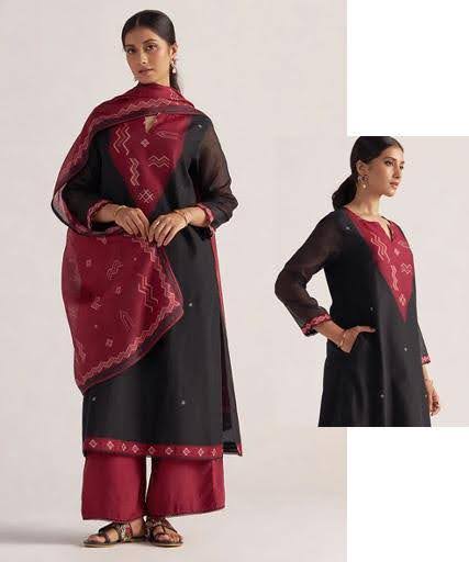 Regal black and maroon woven kurta set