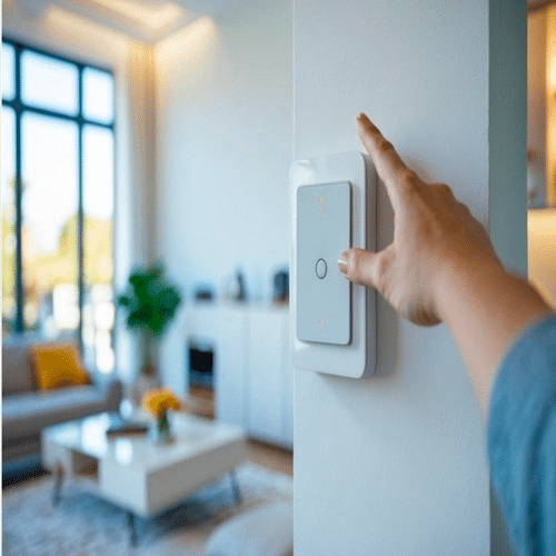 Smart light switch installed on a modern wall, showing illuminated touch controls for home automation