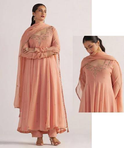 Soft peach georgette Anarkali for haldi and morning functions