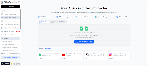 Video Transcriber AI converts audio to text online free