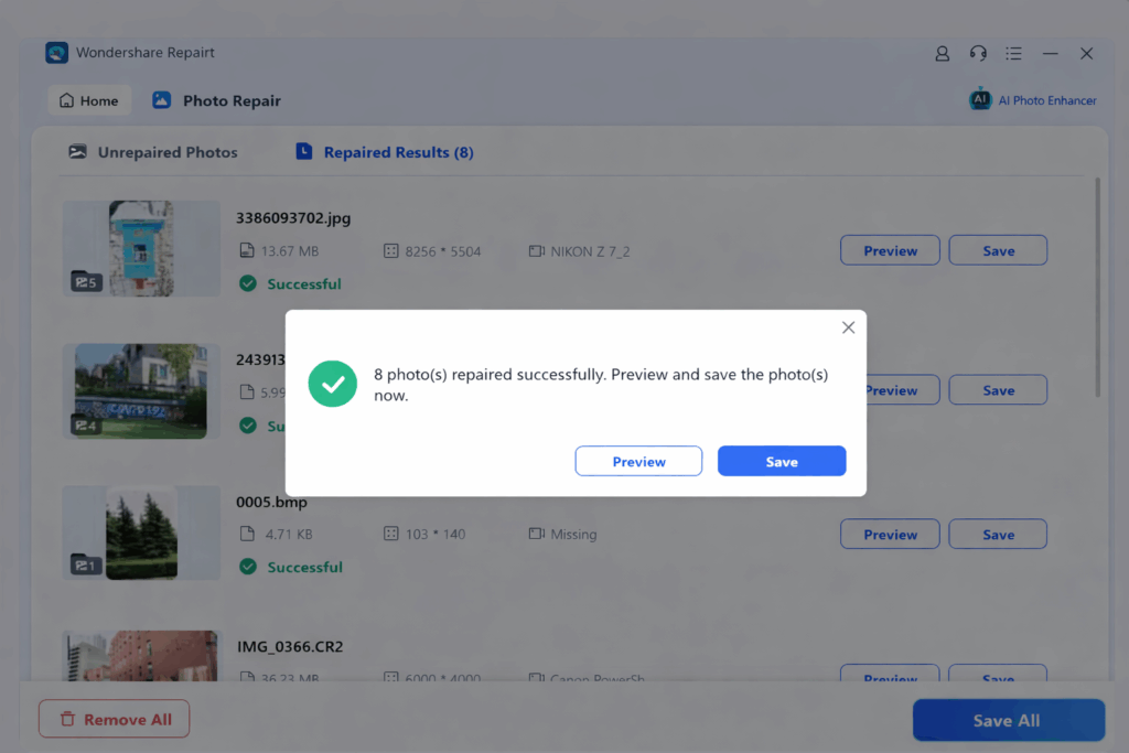 preview and save repaired jpeg repairit